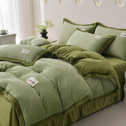 Ensemble de literie réversible et chaud en peluche (4 pièces) - Vert + Olive - 220 cm x 240 cm - image 9