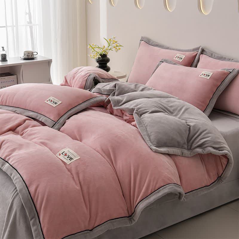 Ensemble de literie réversible et chaud en peluche (4 pièces) - Rose et gris clair - 220 cm x 240 cm - image 8