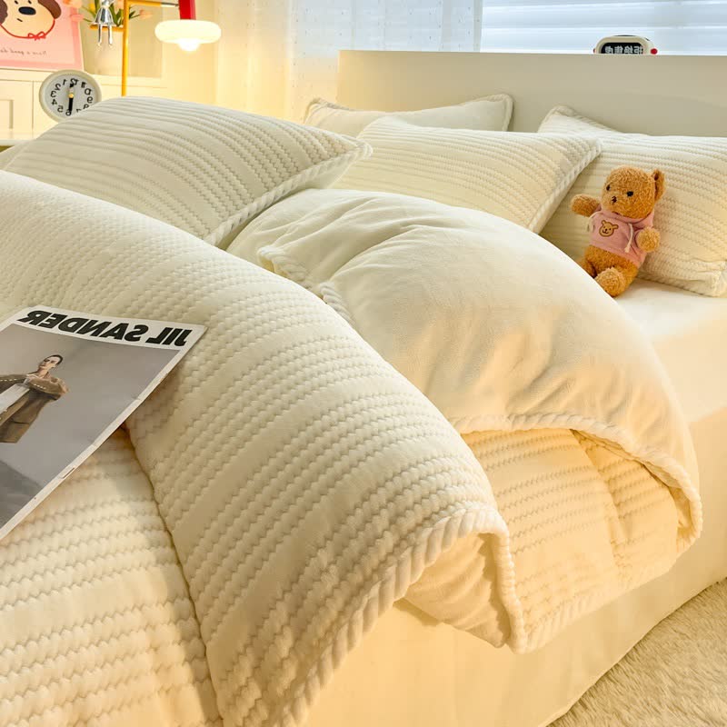 Ensemble de literie en peluche à motif jacquard à rayures ondulées - Beige - ensemble de literie - 220 cm x 240 cm - image 3