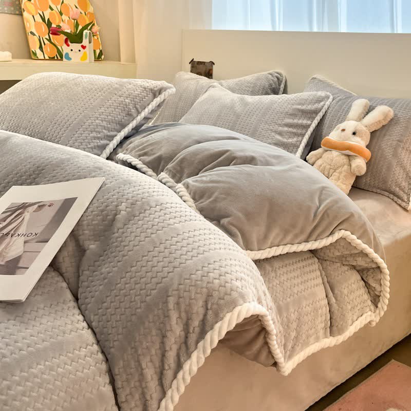Ensemble de literie en peluche à motif jacquard à rayures ondulées - Gris - ensemble de literie - 220 cm x 240 cm - image 19