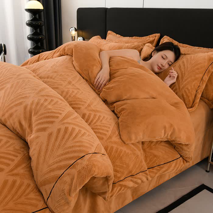 Ensemble de literie avec motif en peluche texturée en forme de feuille (4 pièces) - Orange - 220 cm x 240 cm - image 0