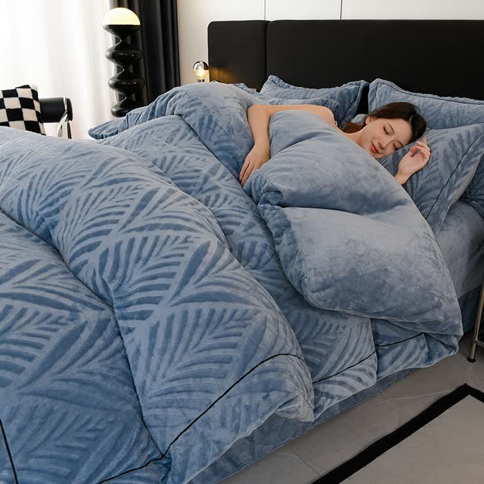 Ensemble de literie avec motif en peluche texturée en forme de feuille (4 pièces) - Bleu - 220 cm x 240 cm - image 13