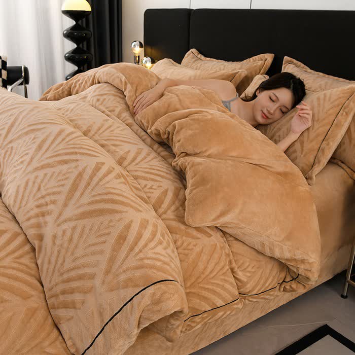 Ensemble de literie avec motif en peluche texturée en forme de feuille (4 pièces) - caramel - 220 cm x 240 cm - image 4