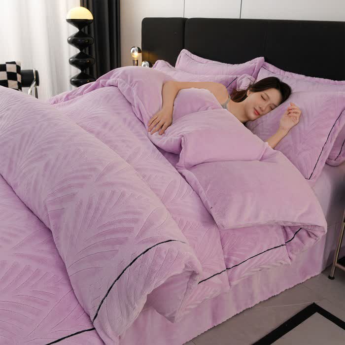 Ensemble de literie avec motif en peluche texturée en forme de feuille (4 pièces) - Violet - 220 cm x 240 cm - image 3