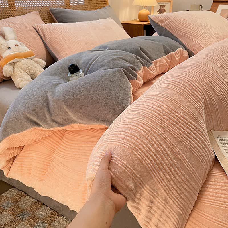 Ensemble de literie à rayures verticales et surface en peluche texturée (4 pièces) - Rose et gris - 220 cm x 240 cm - image 6