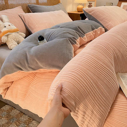 Ensemble de literie à rayures verticales et surface en peluche texturée (4 pièces) - Rose et gris - 220 cm x 240 cm - image 6