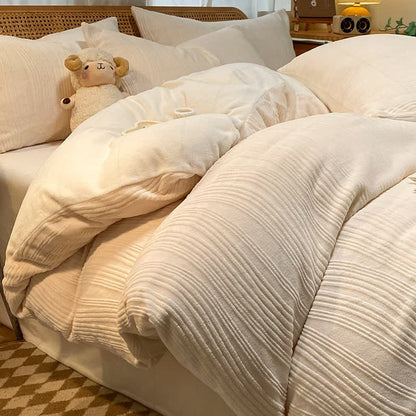 Ensemble de literie à rayures verticales et surface en peluche texturée (4 pièces) - Beige - 220 cm x 240 cm - image 3