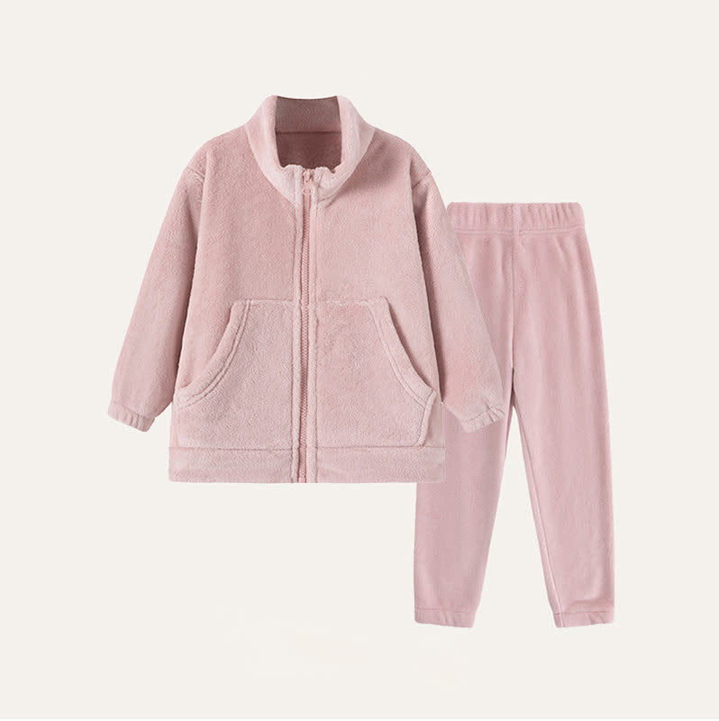 Ensemble de vêtements d'intérieur en peluche unie pour enfants avec fermeture éclair - Rose - Enfant : 170 cm - image 0