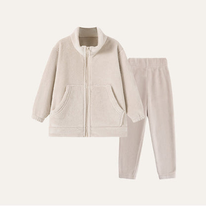 Ensemble de vêtements d'intérieur en peluche unie pour enfants avec fermeture éclair - Beige - Enfant : 160 cm - image 7