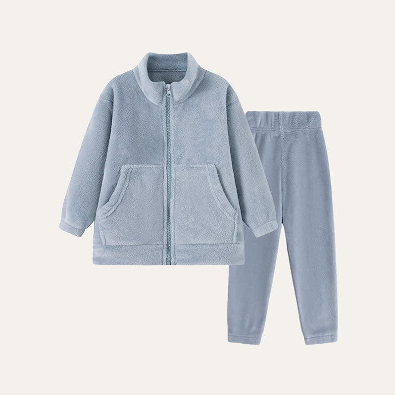 Ensemble de vêtements d'intérieur en peluche unie pour enfants avec fermeture éclair - Bleu - Enfant : 160 cm - image 6
