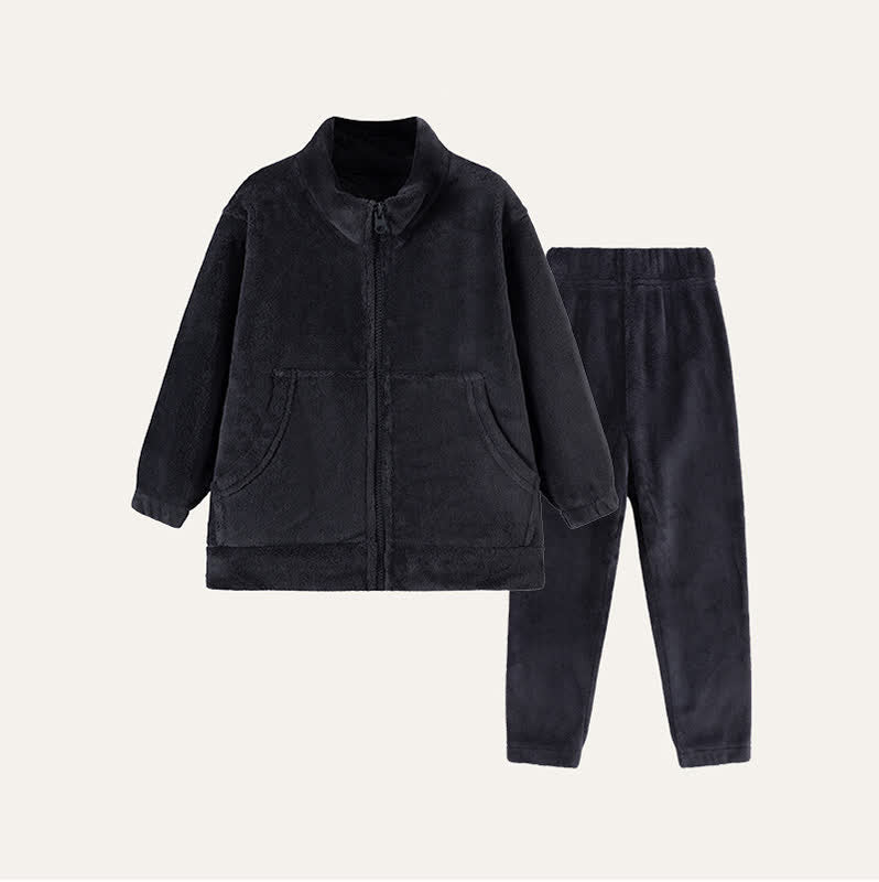 Ensemble de vêtements d'intérieur en peluche unie pour enfants avec fermeture éclair - Gris foncé - Enfant : 170 cm - image 8
