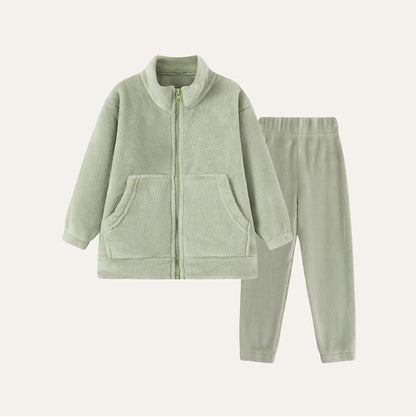 Ensemble de vêtements d'intérieur en peluche unie pour enfants avec fermeture éclair - Vert - Enfant : 170 cm - image 2