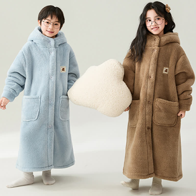 Peignoir uni pour enfant, avec capuche et boutons - image 3