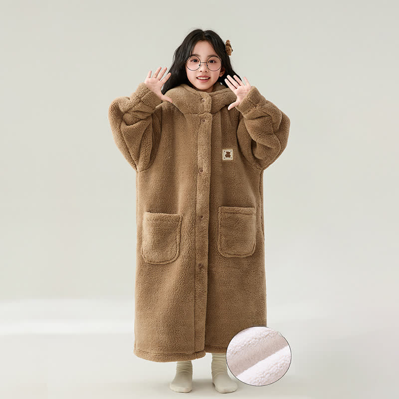 Peignoir uni pour enfant, avec capuche et boutons - image 5