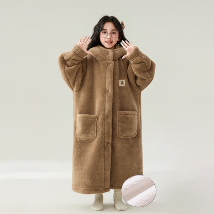 Peignoir uni pour enfant, avec capuche et boutons - image 5
