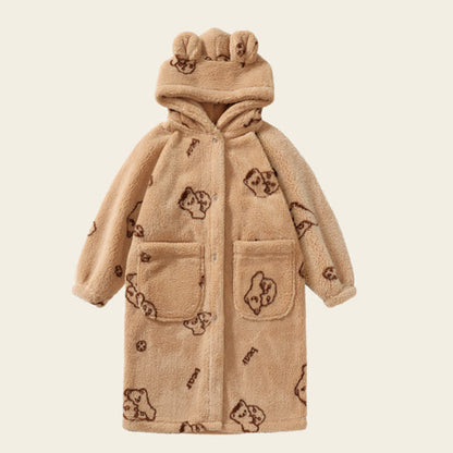 Peignoir à capuche en peluche avec boutons pour enfants, motif oreilles d'ours - Kaki - Enfant : 160-170 cm - image 5