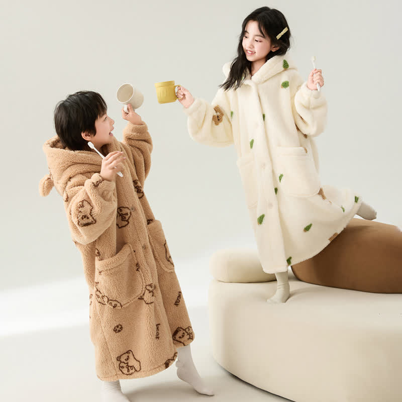 Peignoir à capuche en peluche avec boutons pour enfants, motif oreilles d'ours - image 2