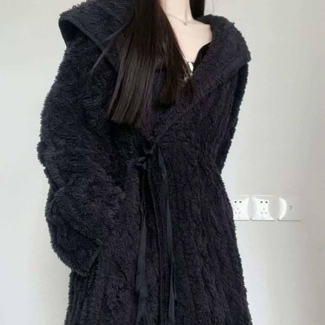 Peignoir à capuche noir moelleux et minimaliste - Noir - 2XL - image 0