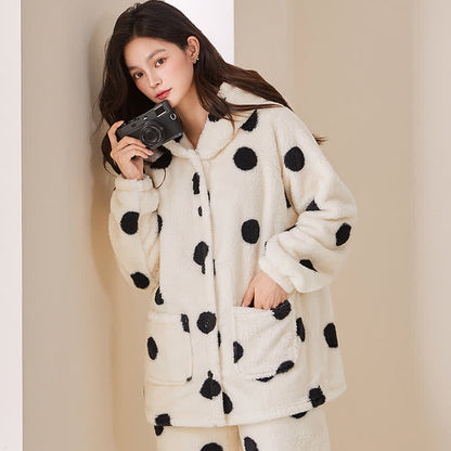 Ensemble de détente en peluche à capuche à pois - Blanc - 2XL - image 0