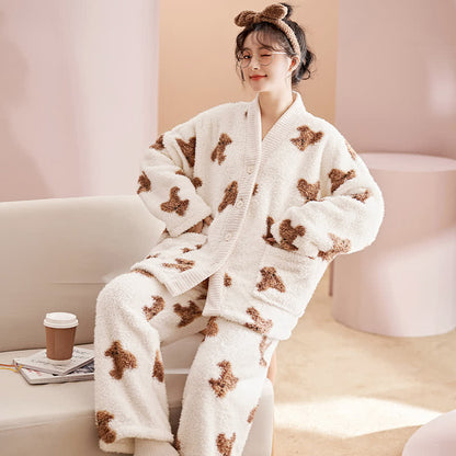 Ensemble de vêtements d'intérieur en peluche avec boutons d'ours mignons - Blanc - 2XL - image 0