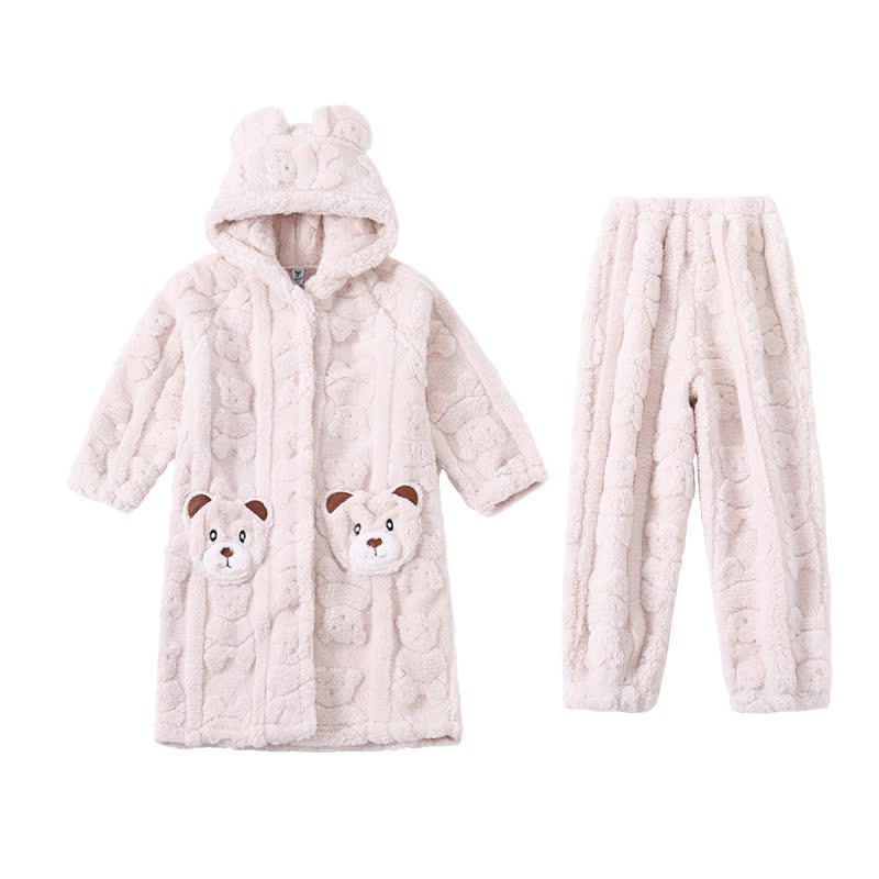 Peignoir enfant à capuche en peluche avec oreilles d'ours et boutons - Blanc - Peignoir avec pantalon - Enfant : 170–180 cm - image 9