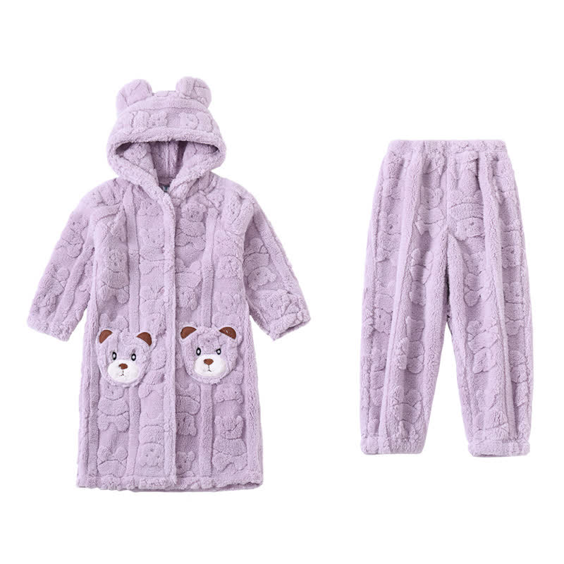 Peignoir enfant à capuche en peluche avec oreilles d'ours et boutons - Violet - Peignoir avec pantalon - Enfant : 170–180 cm - image 13