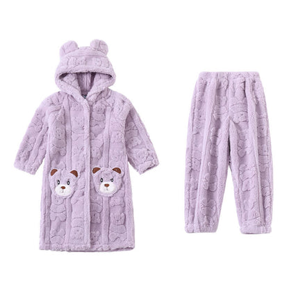 Peignoir enfant à capuche en peluche avec oreilles d'ours et boutons - Violet - Peignoir avec pantalon - Enfant : 170–180 cm - image 13