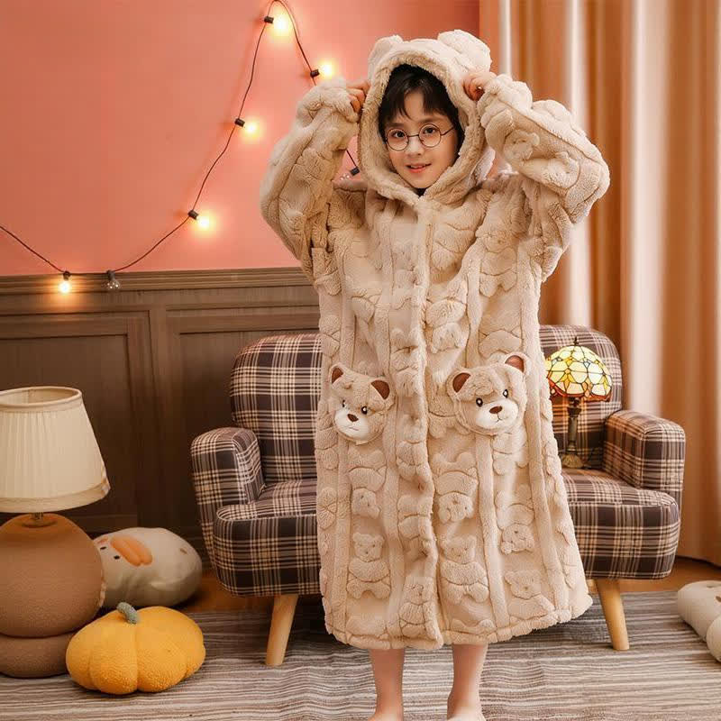 Peignoir enfant à capuche en peluche avec oreilles d'ours et boutons - image 5