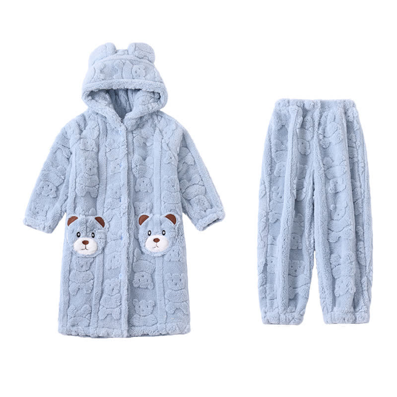Peignoir enfant à capuche en peluche avec oreilles d'ours et boutons - Bleu - Peignoir avec pantalon - Enfant : 170–180 cm - image 11