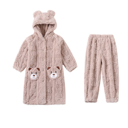 Peignoir enfant à capuche en peluche avec oreilles d'ours et boutons - Kaki - Peignoir avec pantalon - Enfant : 170–180 cm - image 7