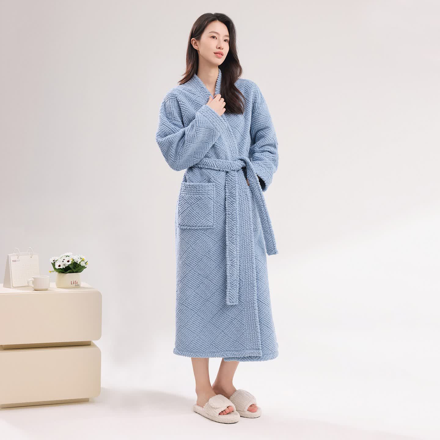 Peignoir en peluche à rayures et losanges - Bleu - peignoir de bain - 2XL - image 1