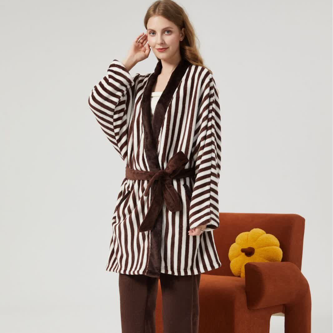 Ensemble de vêtements d'intérieur en peluche style kimono rayé - brun foncé - XL - image 2