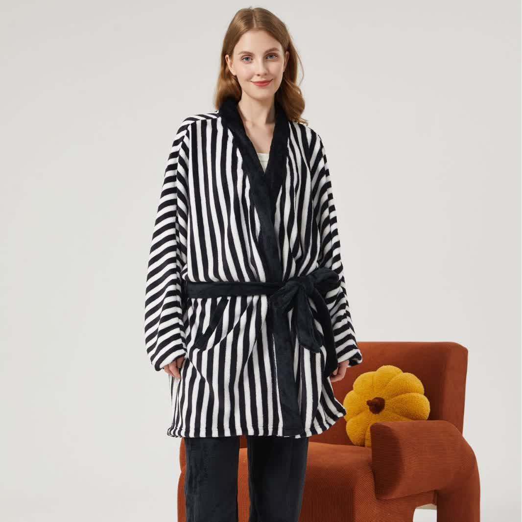 Ensemble de vêtements d'intérieur en peluche style kimono rayé - Noir - XL - image 0