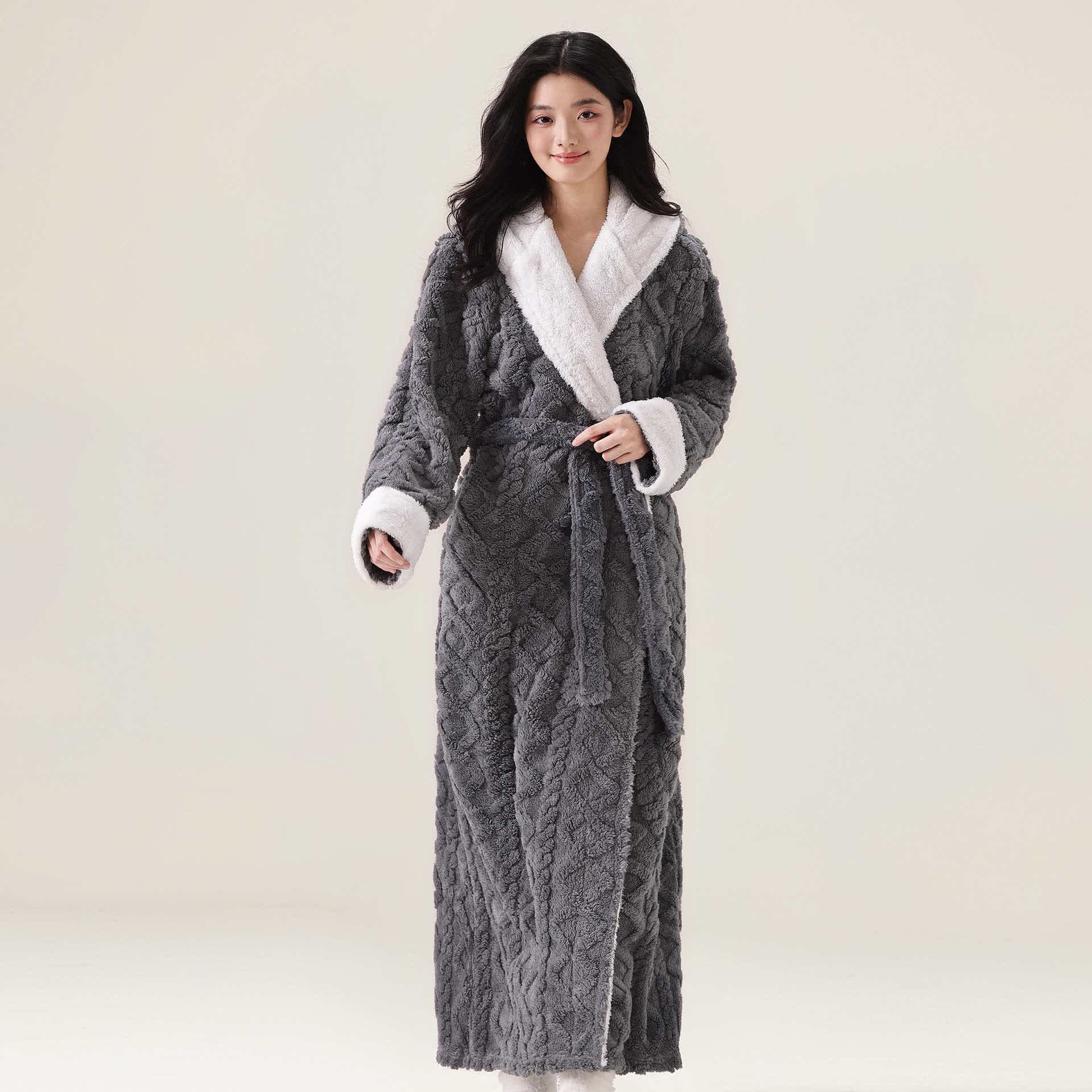 Peignoir jacquard à capuche et motif peluche, chaud - Gris - XL - image 0