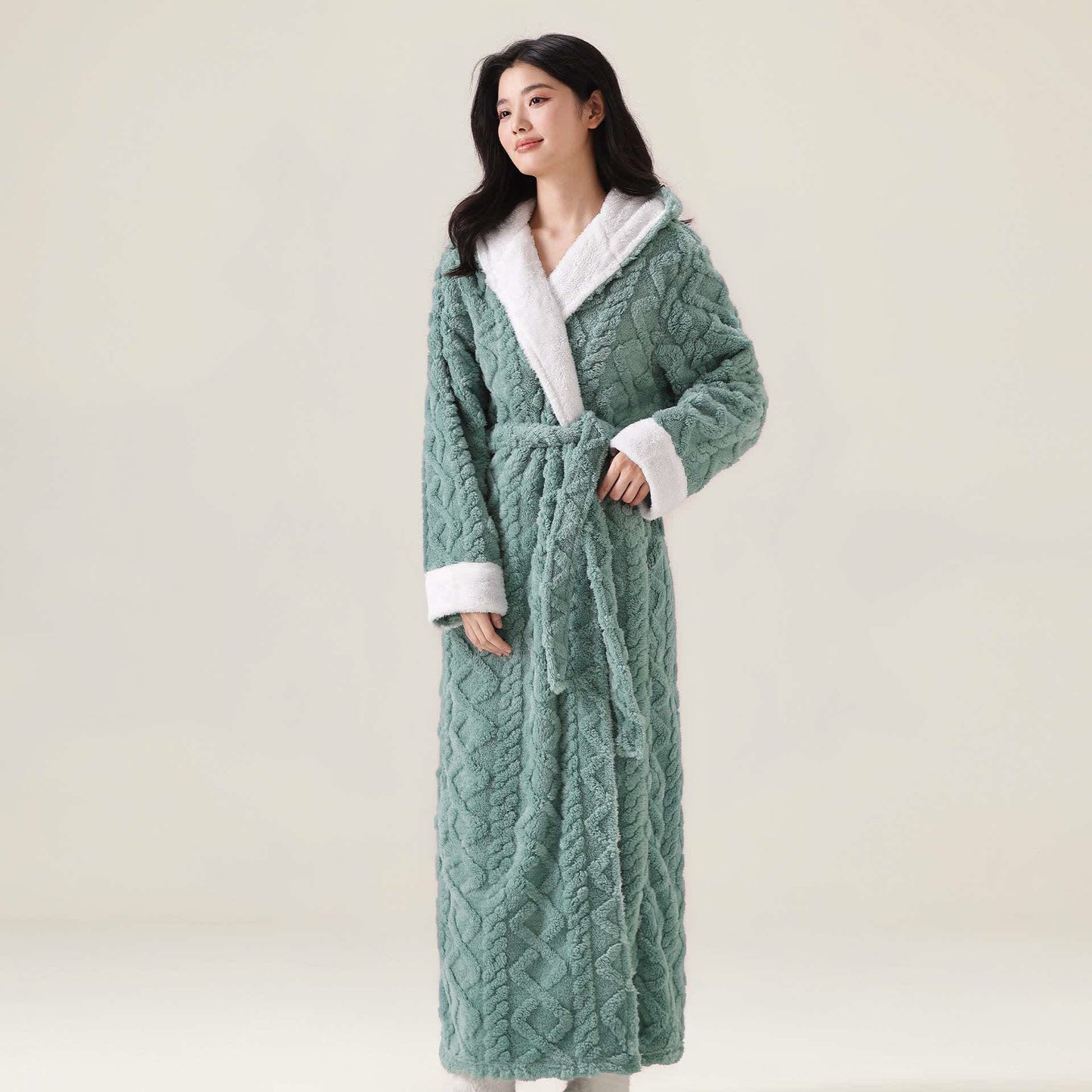 Peignoir jacquard à capuche et motif peluche, chaud - Vert - XL - image 4