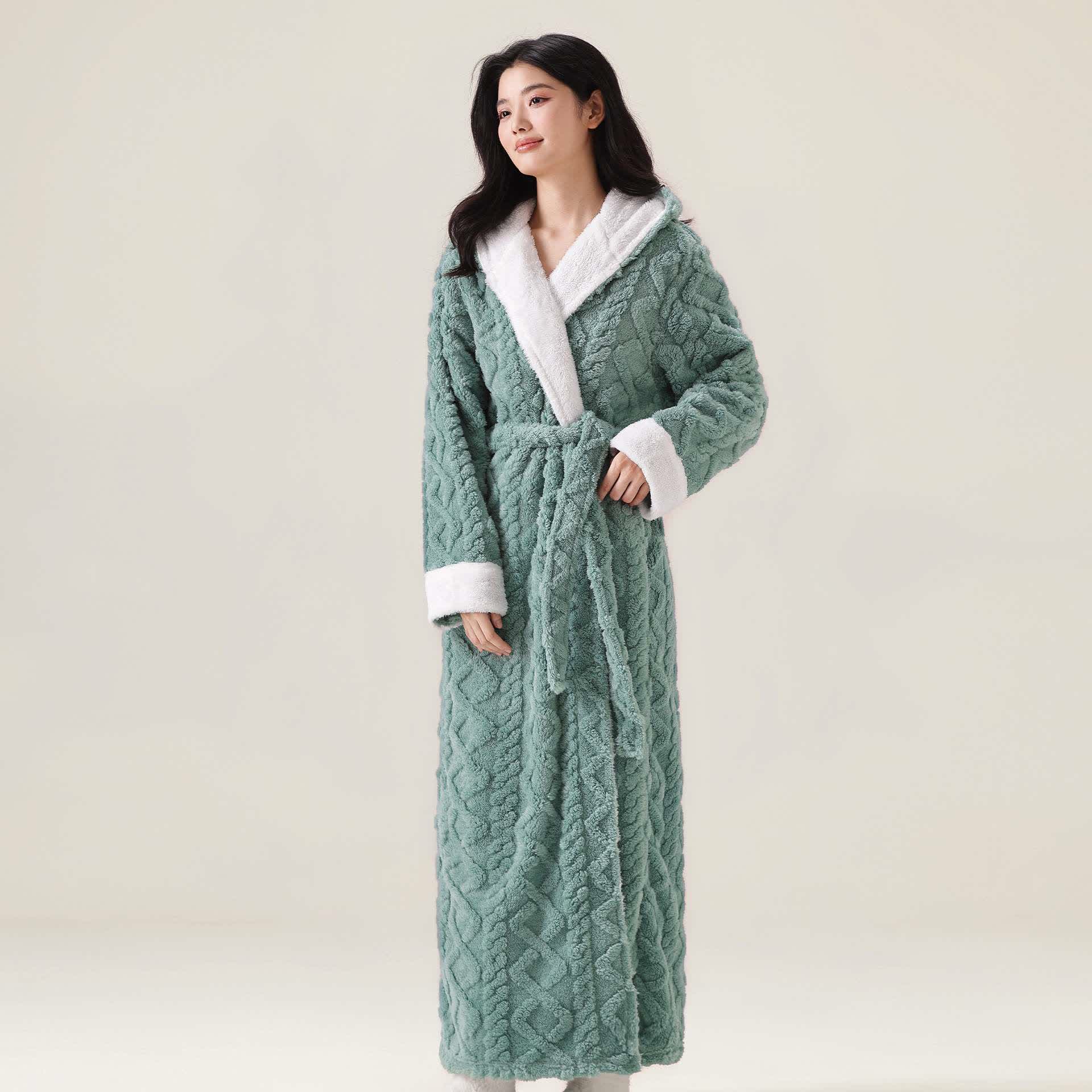 Peignoir jacquard à capuche et motif peluche, chaud - Vert - XL - image 4
