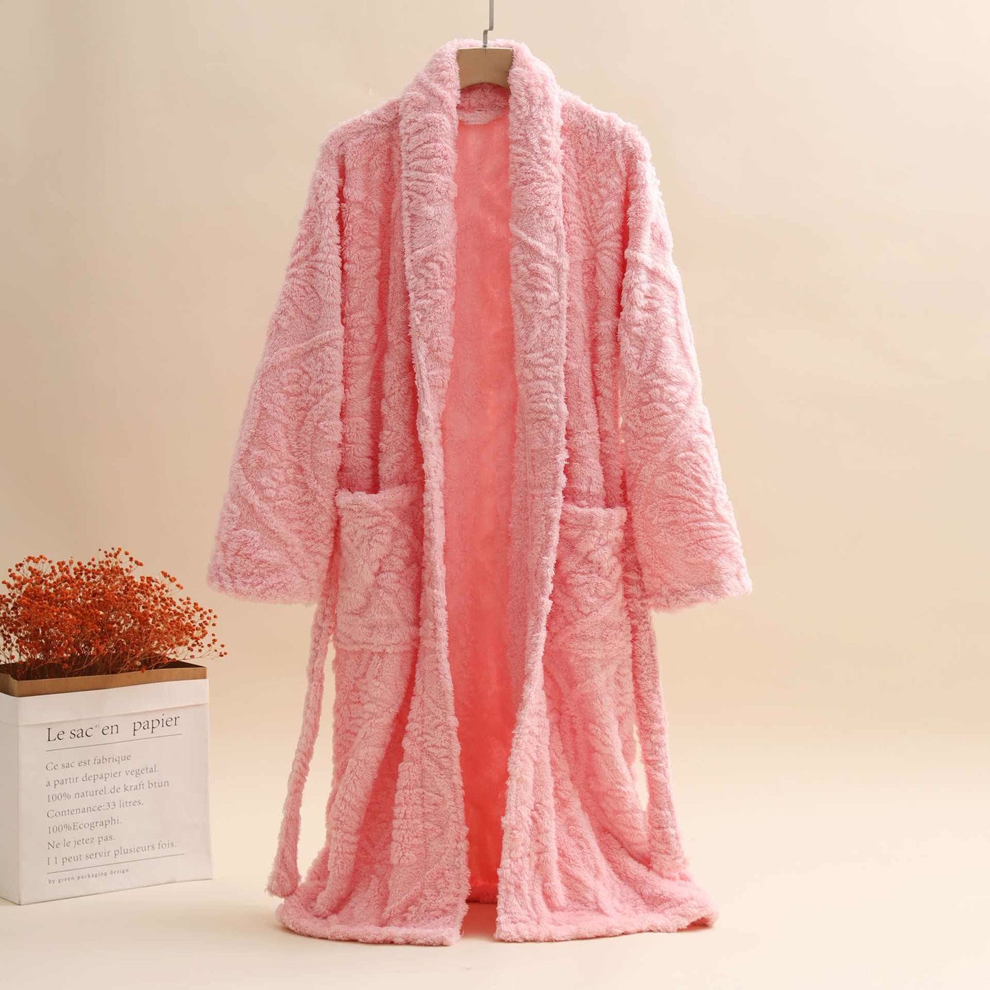 Peignoir chaud unisexe rétro en jacquard peluche - Rose - XL - image 3
