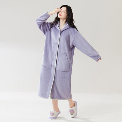 Peignoir simple et moelleux à capuche et boutons - violet clair - XL - image 3