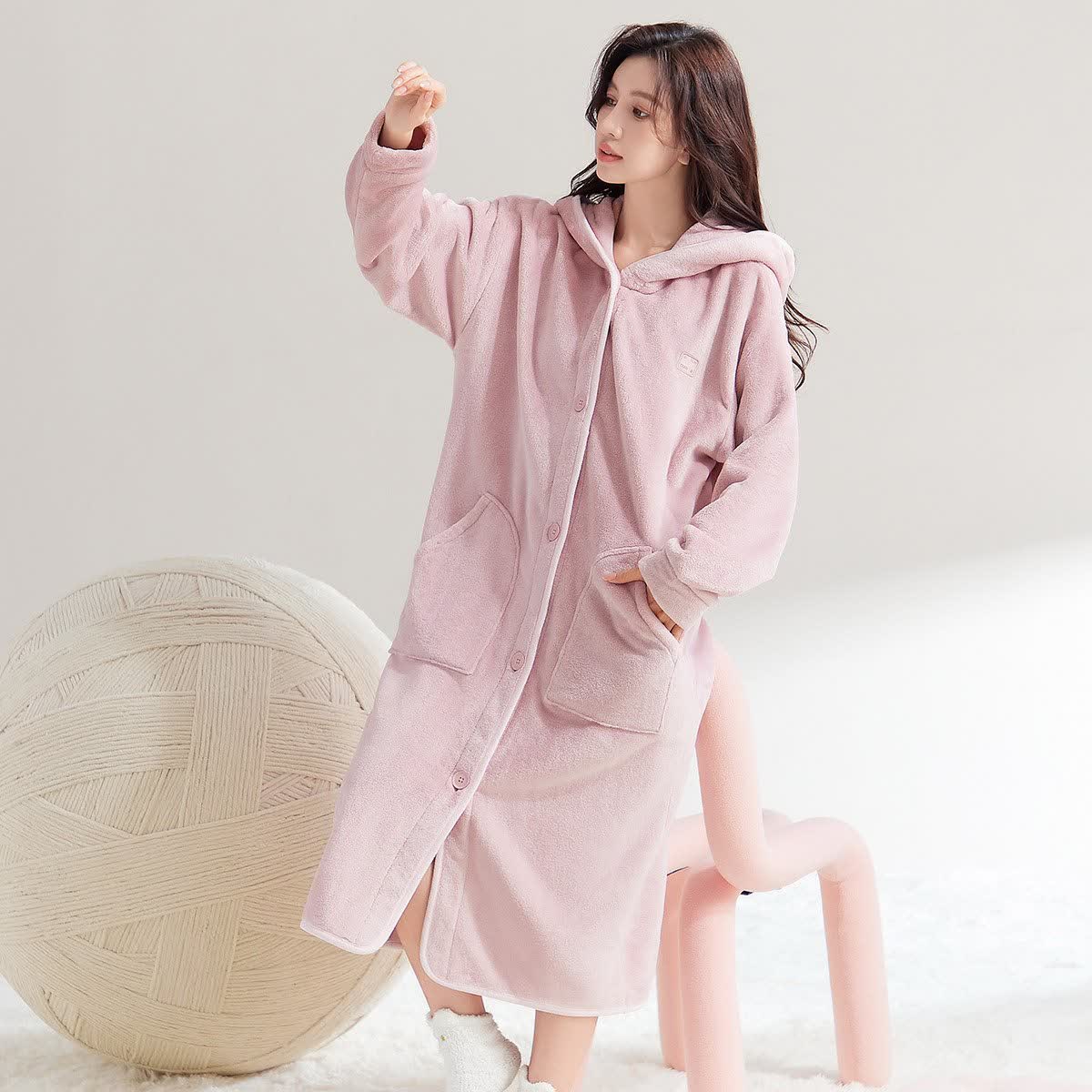 Peignoir simple et moelleux à capuche et boutons - Rose - XL - image 0