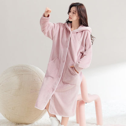 Peignoir simple et moelleux à capuche et boutons - Rose - XL - image 0