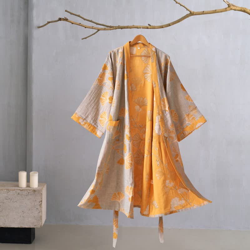 Peignoir kimono en gaze de coton et ginkgo - Gris et orange - XL - image 55