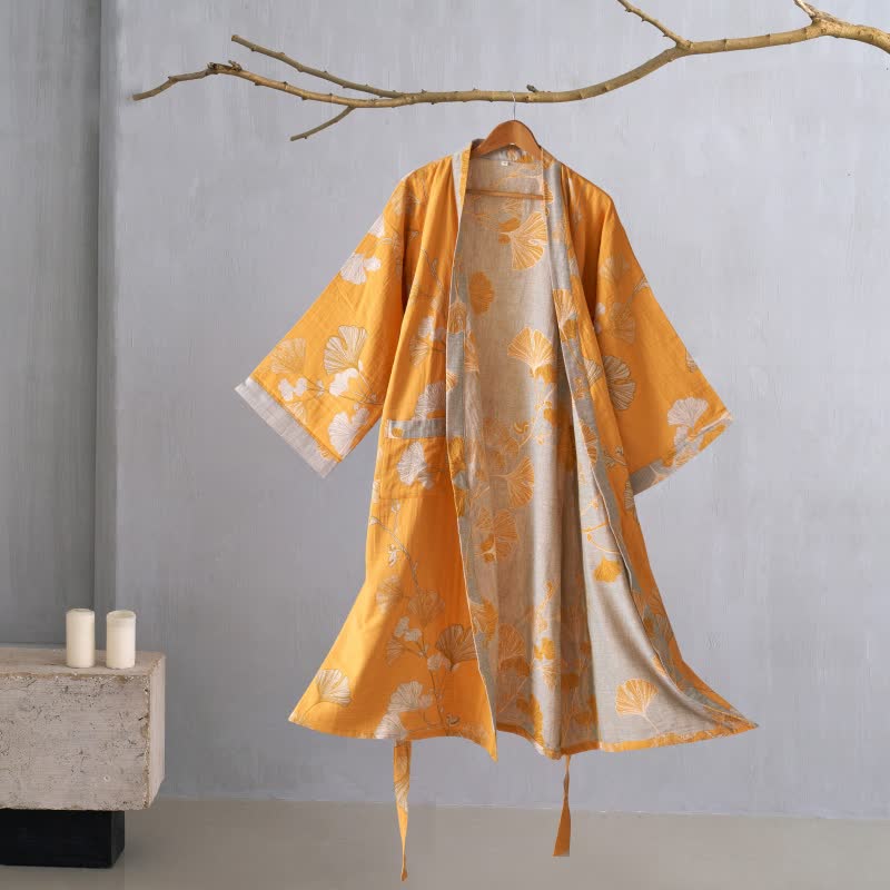 Peignoir kimono en gaze de coton et ginkgo - Orange - XL - image 48