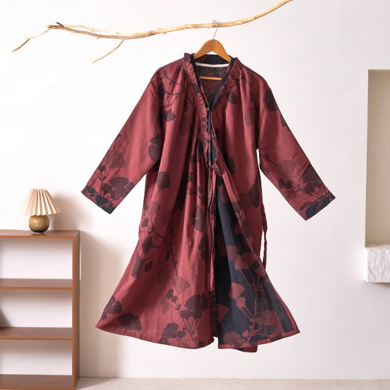 Chemise de nuit en coton inspirée du Hanfu et ornée de feuilles de ginkgo - Rouge - XL - image 36