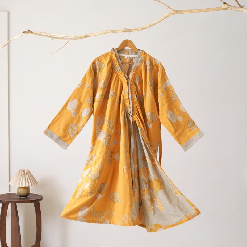 Chemise de nuit en coton inspirée du Hanfu et ornée de feuilles de ginkgo - Orange - XL - image 28