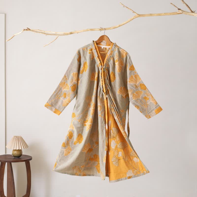 Chemise de nuit en coton inspirée du Hanfu et ornée de feuilles de ginkgo - Gris et orange - XL - image 32