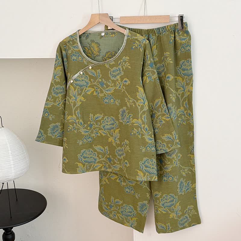 Pyjama en gaze de coton style pivoine orientale - Vert - XL - image 1