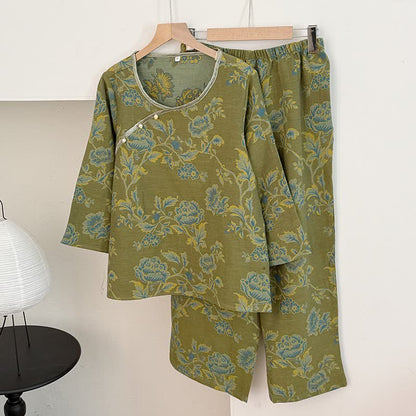 Pyjama en gaze de coton style pivoine orientale - Vert - XL - image 1
