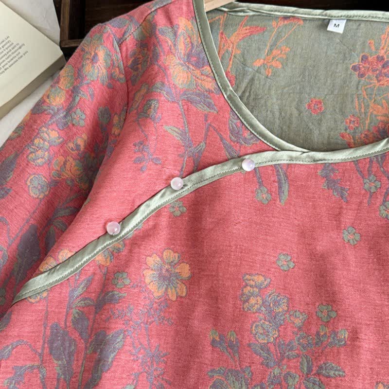 Pyjama oriental en gaze de coton à motif de pivoines roses - image 3