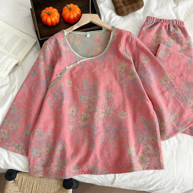 Pyjama oriental en gaze de coton à motif de pivoines roses - image 1