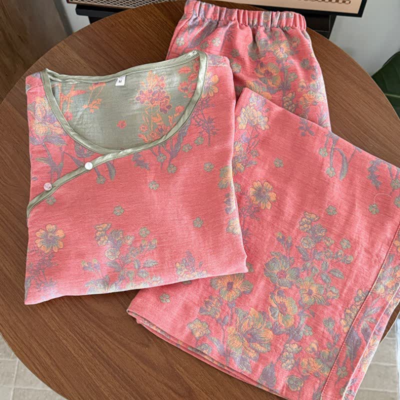 Pyjama oriental en gaze de coton à motif de pivoines roses - image 2